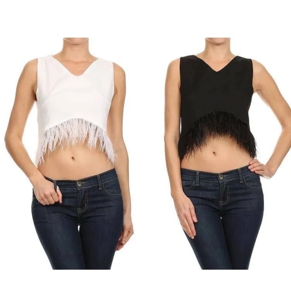 π€ LAST ONE π€ #138 Black Ostrich Feather Hem Sleeveless V-Neck Crop Top SMALL - Picture 3 of 4
